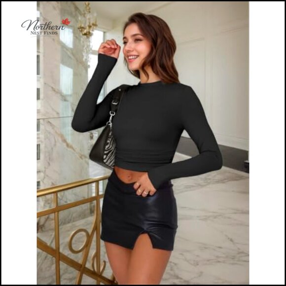 Crop Top Long Sleeve Tee Stretch Fitted Y2K Basic - Picture 2 of 7